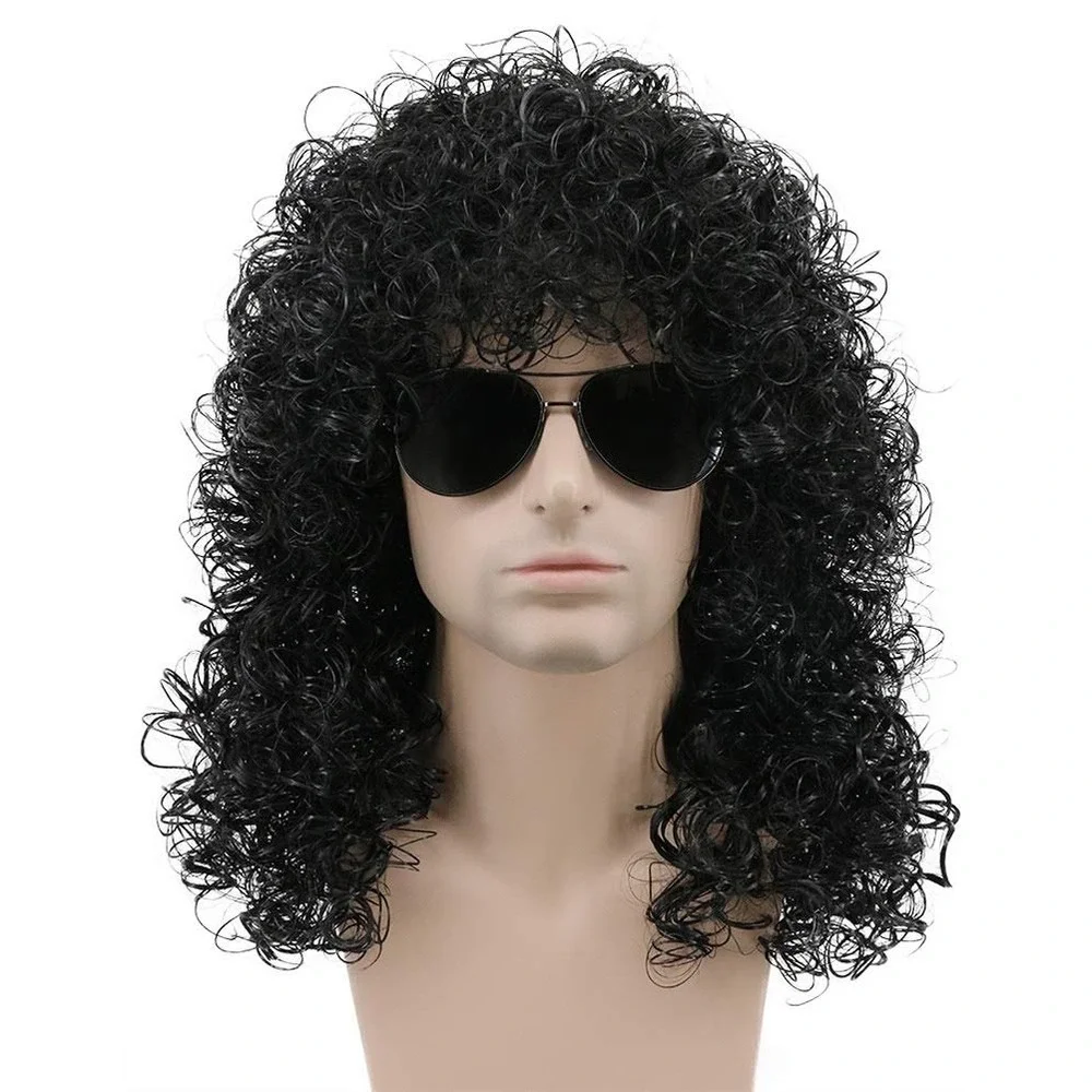 NWT Karlery Men's 70s 80s Long Curly Black Wig Afro Punk Rock Halloween